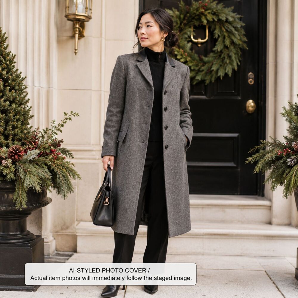 Lauren Ralph Lauren Wool Chesterfield Coat Lambskin Collar Gray Black 8P